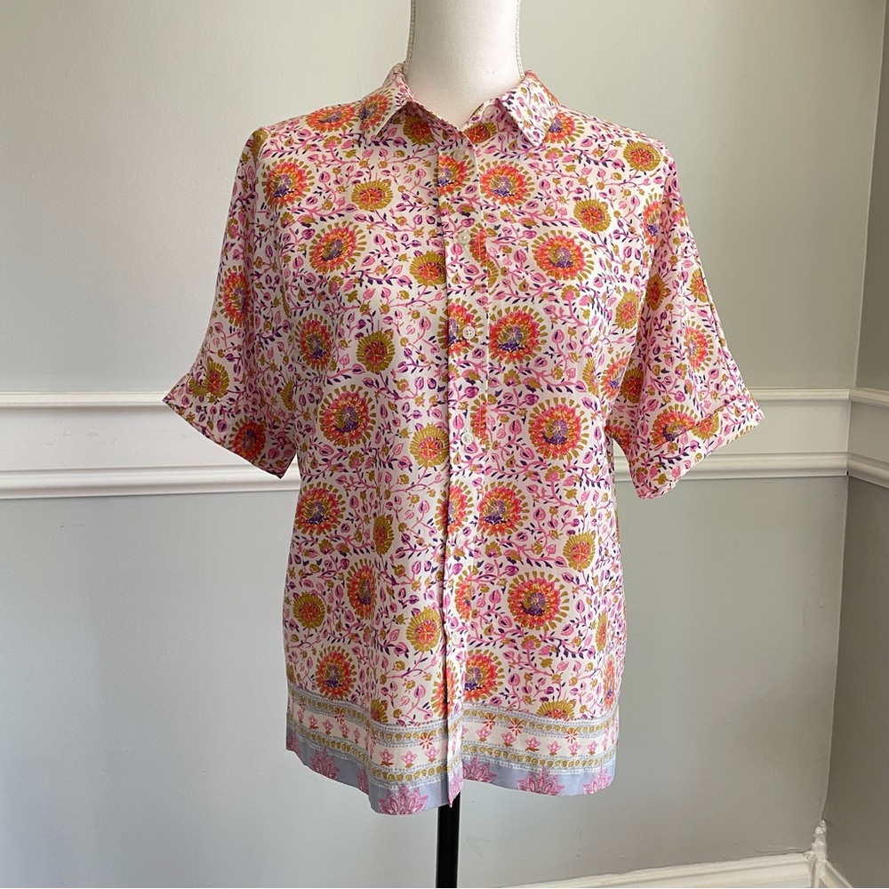 Maison d’Amelie Floral Pink Short Sleeve Button Down Shirt size Small